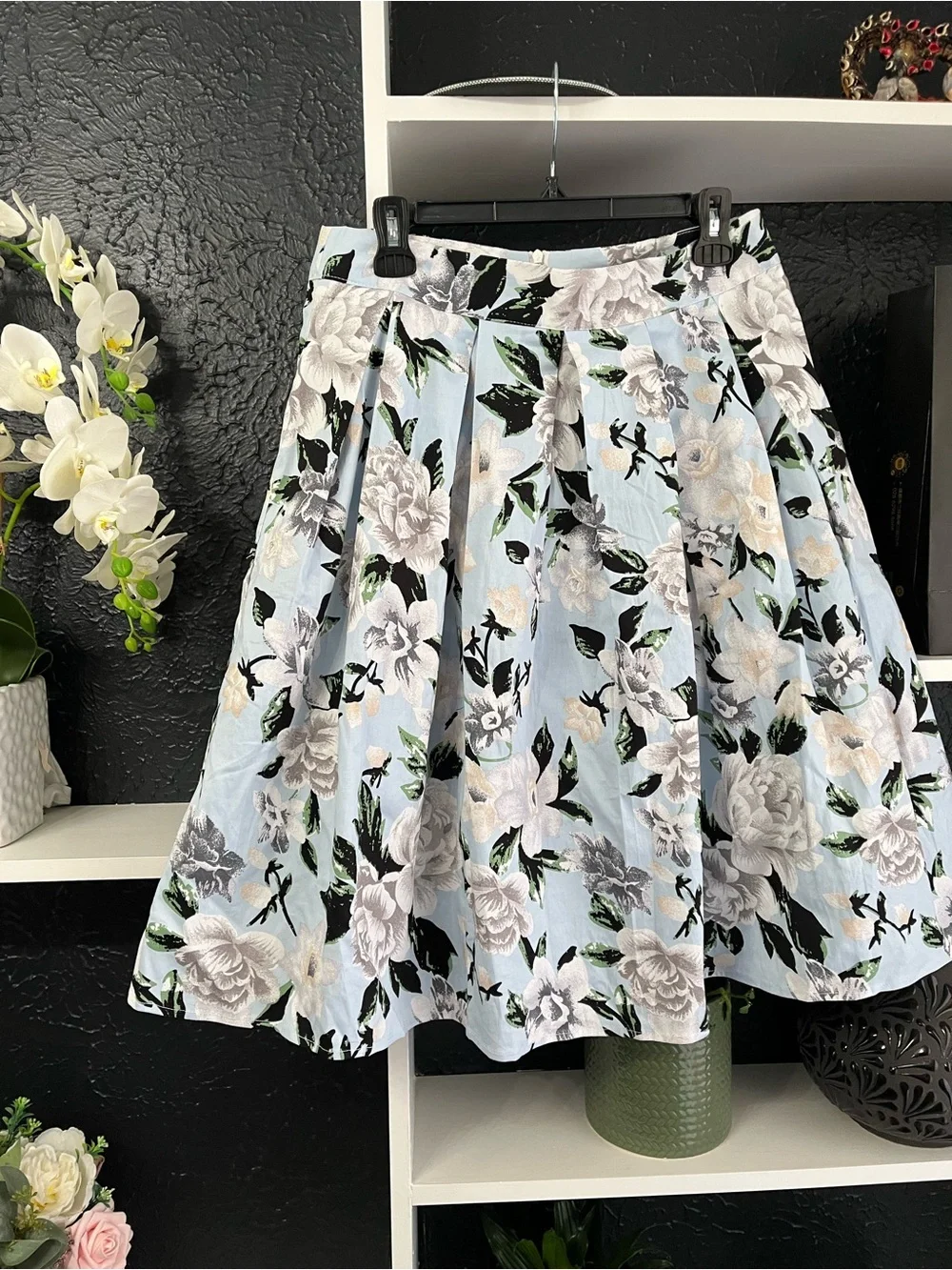 Light Blue Floral A-Line Skirt with Black and Green Accents L